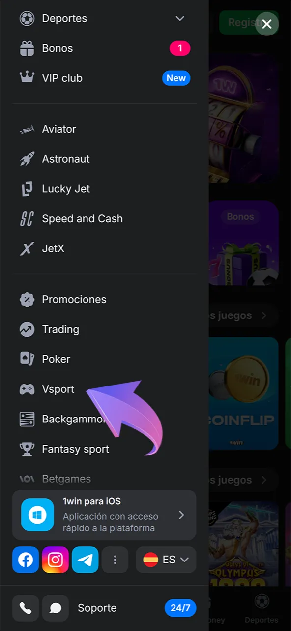 Encuentra la sección Deportes Virtuales en el menú del sitio web oficial de 1win.