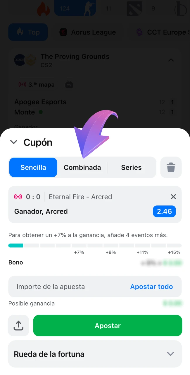 Selecciona una apuesta simple o múltiple en 1Win.