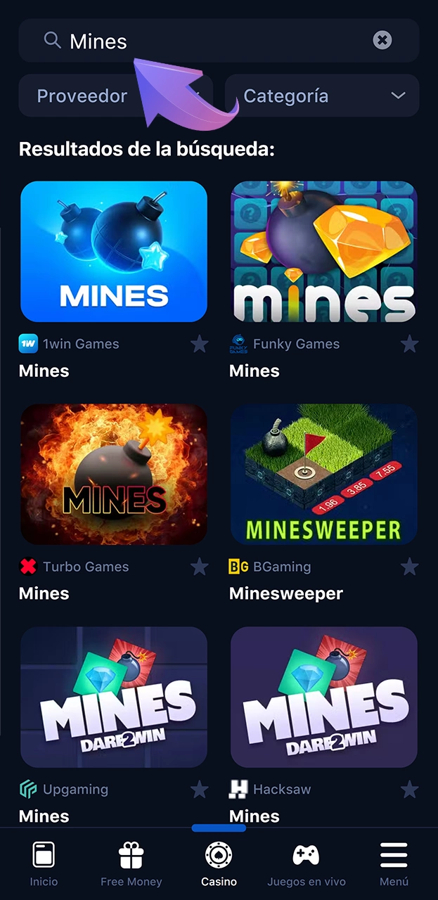 Echa un vistazo a los juegos de Mines que ofrece 1win.