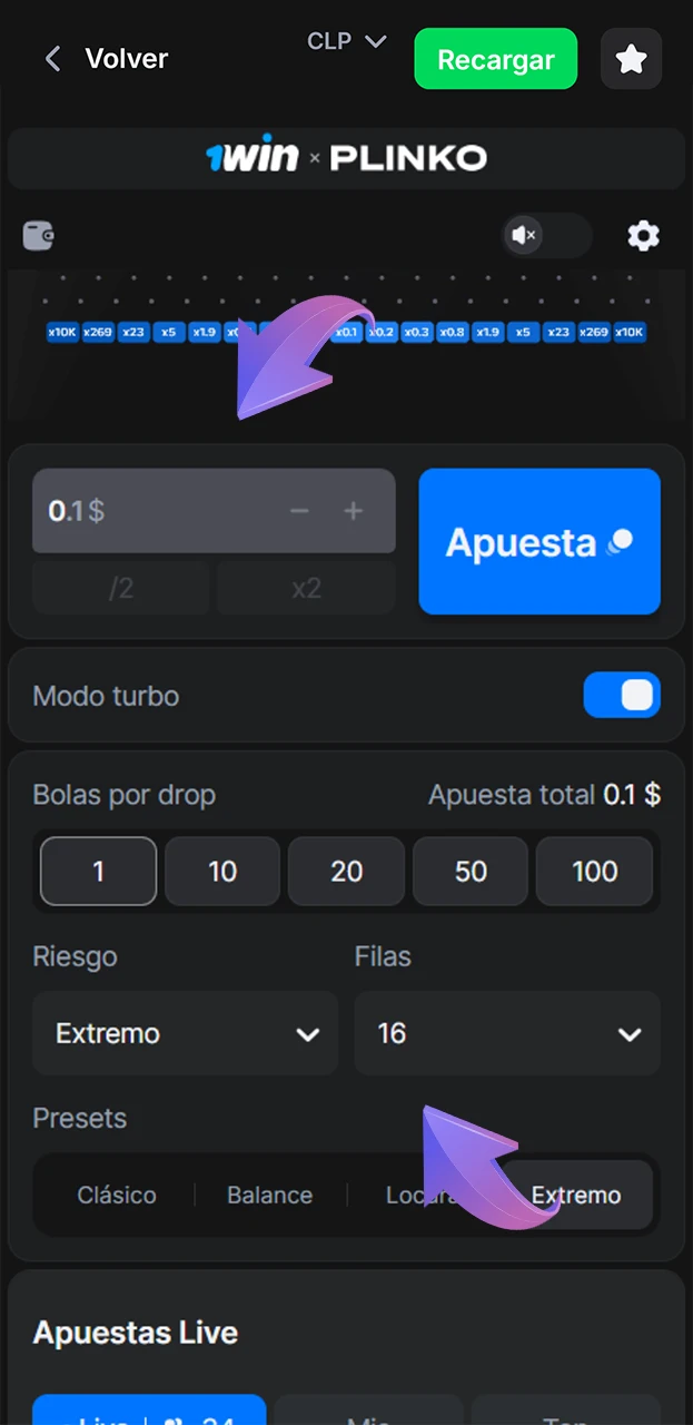Configura el juego Plinko y haz tu apuesta con 1win.