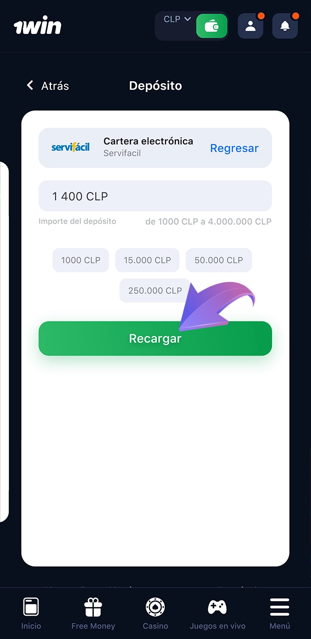 Elija el método que prefiera para ingresar fondos en su cuenta 1win e ingrese el importe.