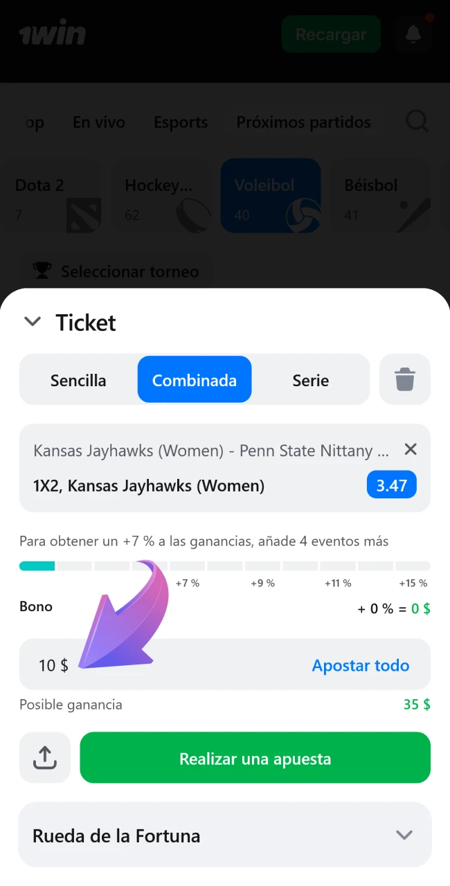 Determina el monto que vas a poner en tu apuesta de voleibol en 1win.
