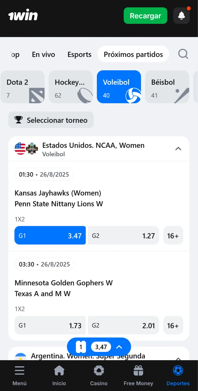 Mira los encuentros de voleibol en 1win y escoge uno para apostar.