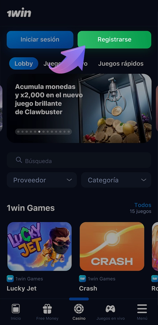Haga clic en el botón de registro 1win.