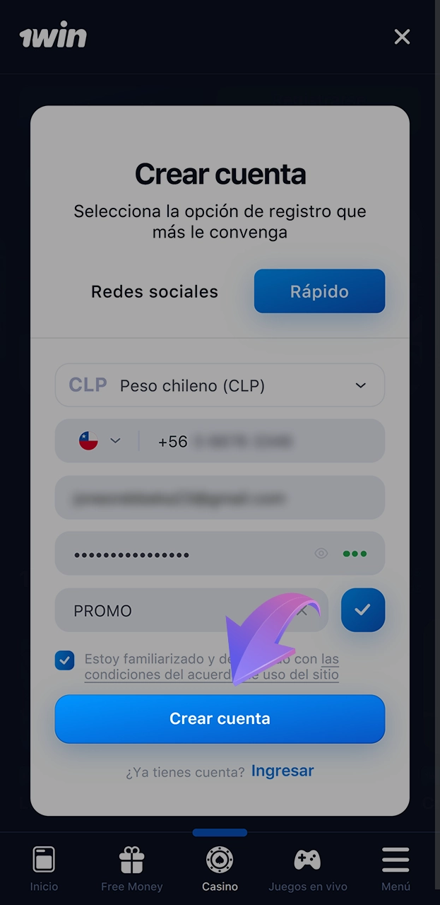 Acepte las normas de la plataforma 1win y complete su registro.