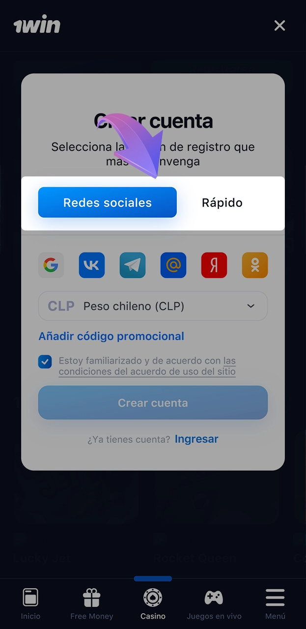 Elija la forma que más le convenga para inscribirse en 1win.