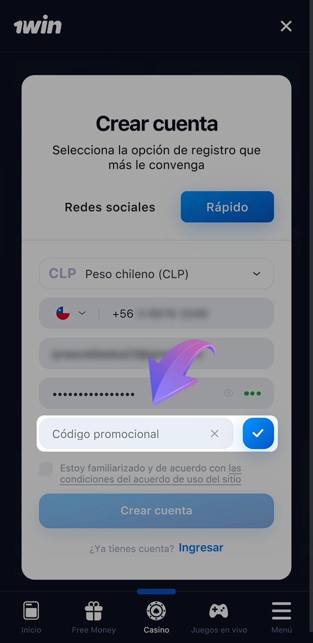 Introduzca el código promocional en el campo correspondiente del formulario 1win.