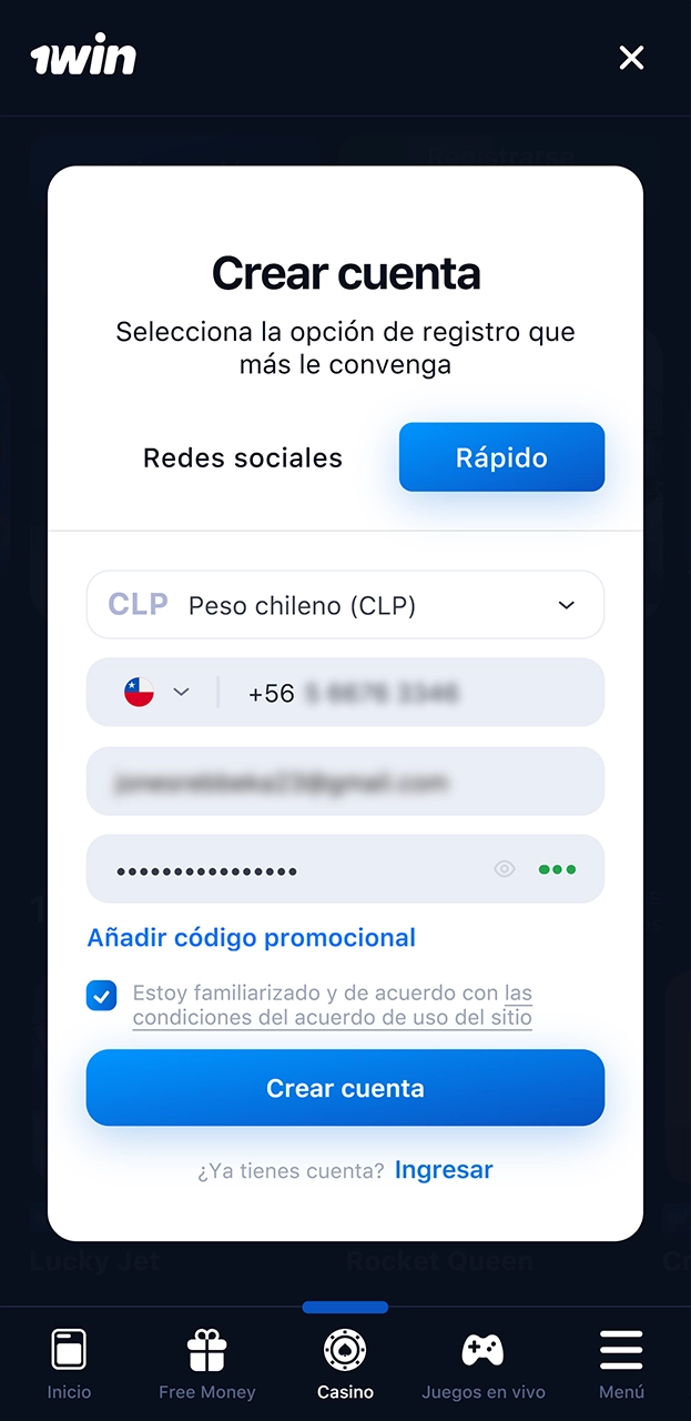 Cree su cuenta 1win.