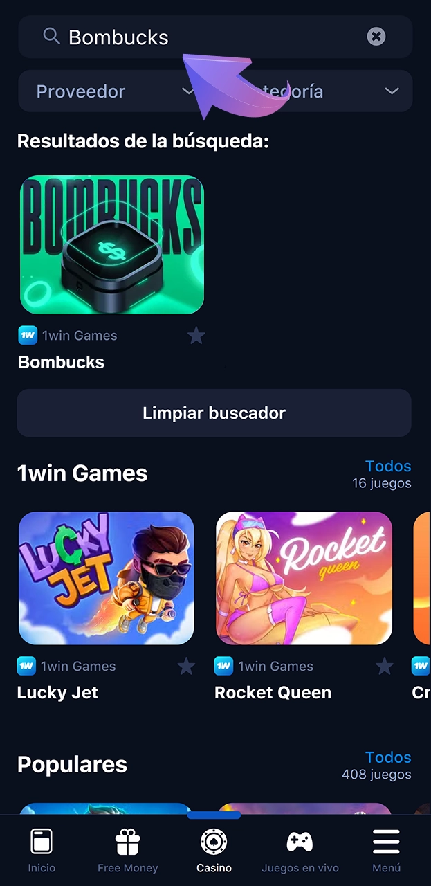 Encuentra el juego Bombucks en la sección de casino de 1win.