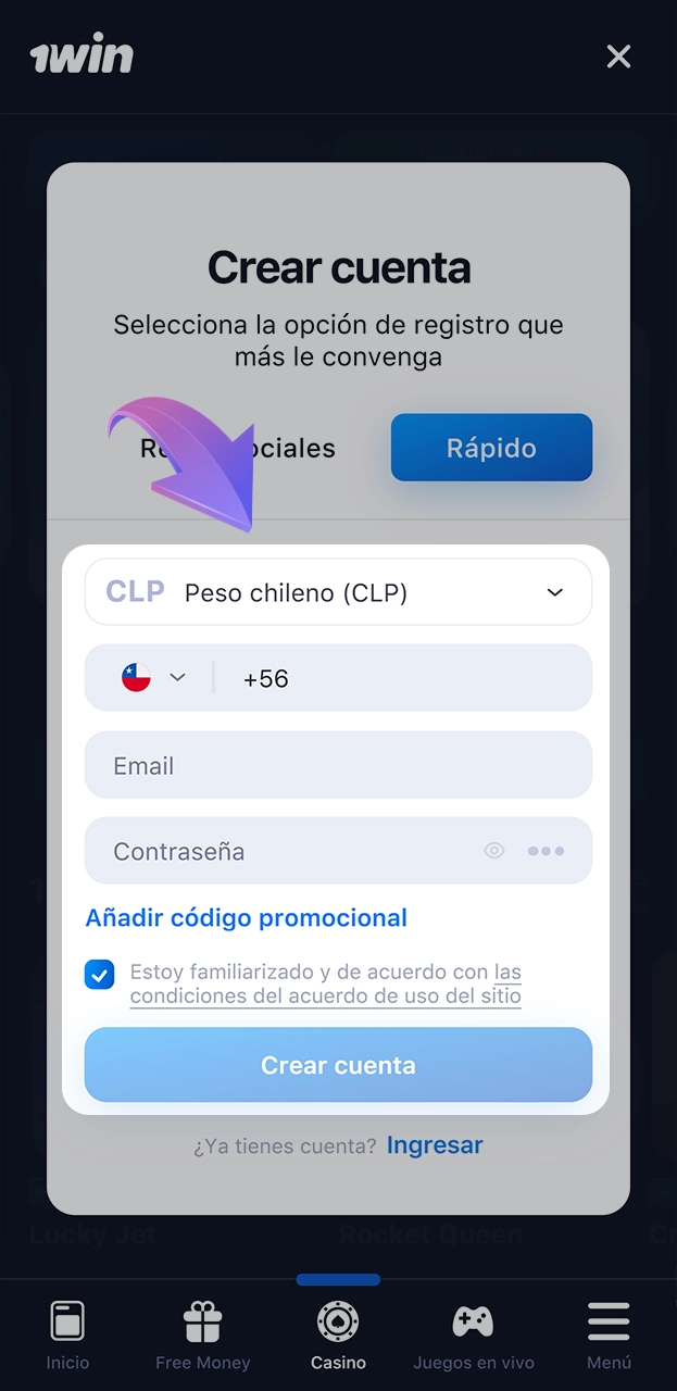 Busque el formulario de inscripción 1win y rellénelo.
