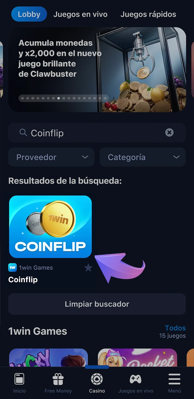Encuentra el juego Coinflip utilizando la barra de búsqueda de 1win.