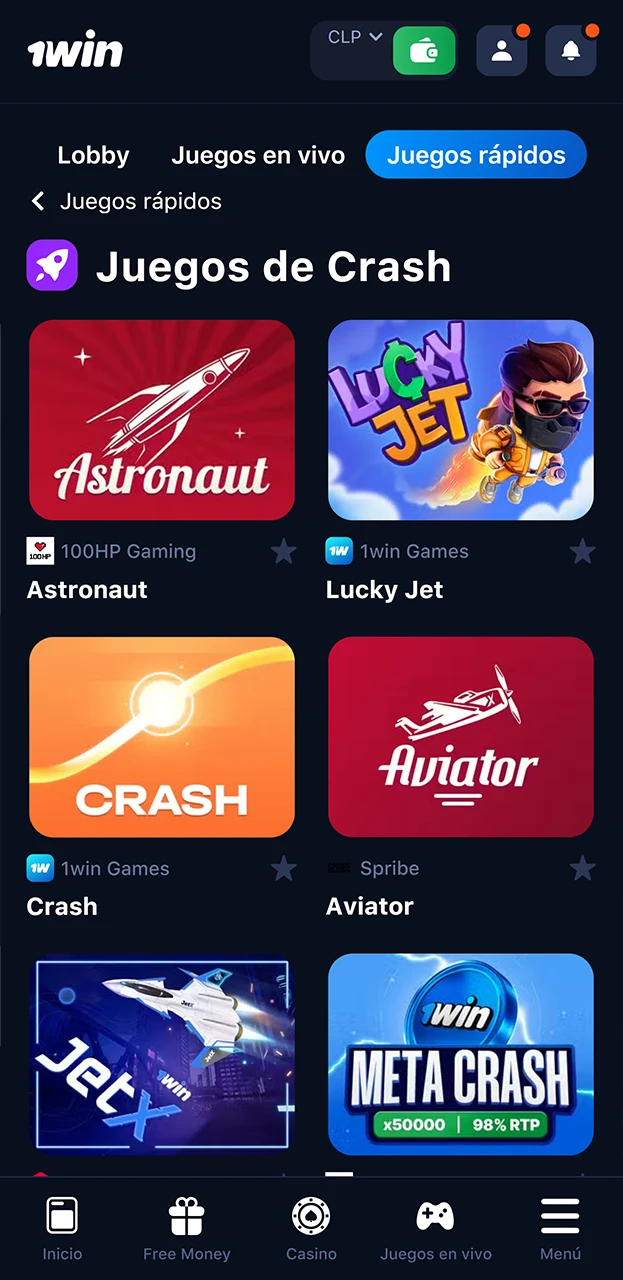 Abre la sección de juegos de Crash en 1win y elige tu favorito.