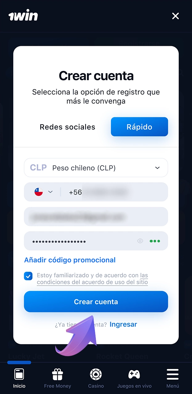 Registre una cuenta en 1win.