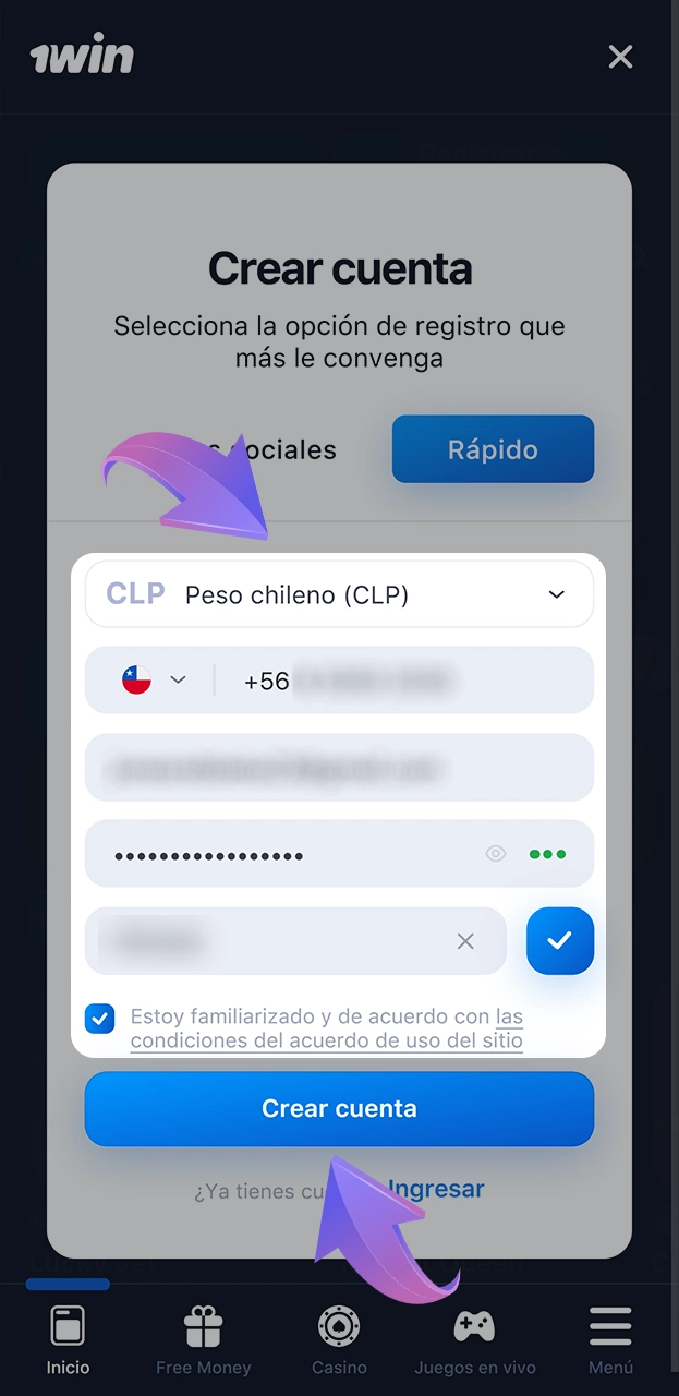Empieza por crear un perfil en 1win.