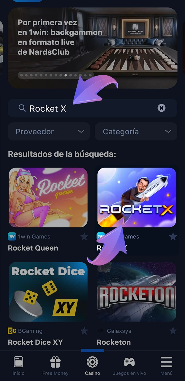Puedes encontrar el juego Rocket X en la sección de casino de 1win.