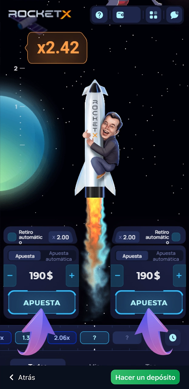 Empieza a apostar en el juego Rocket X en 1win.