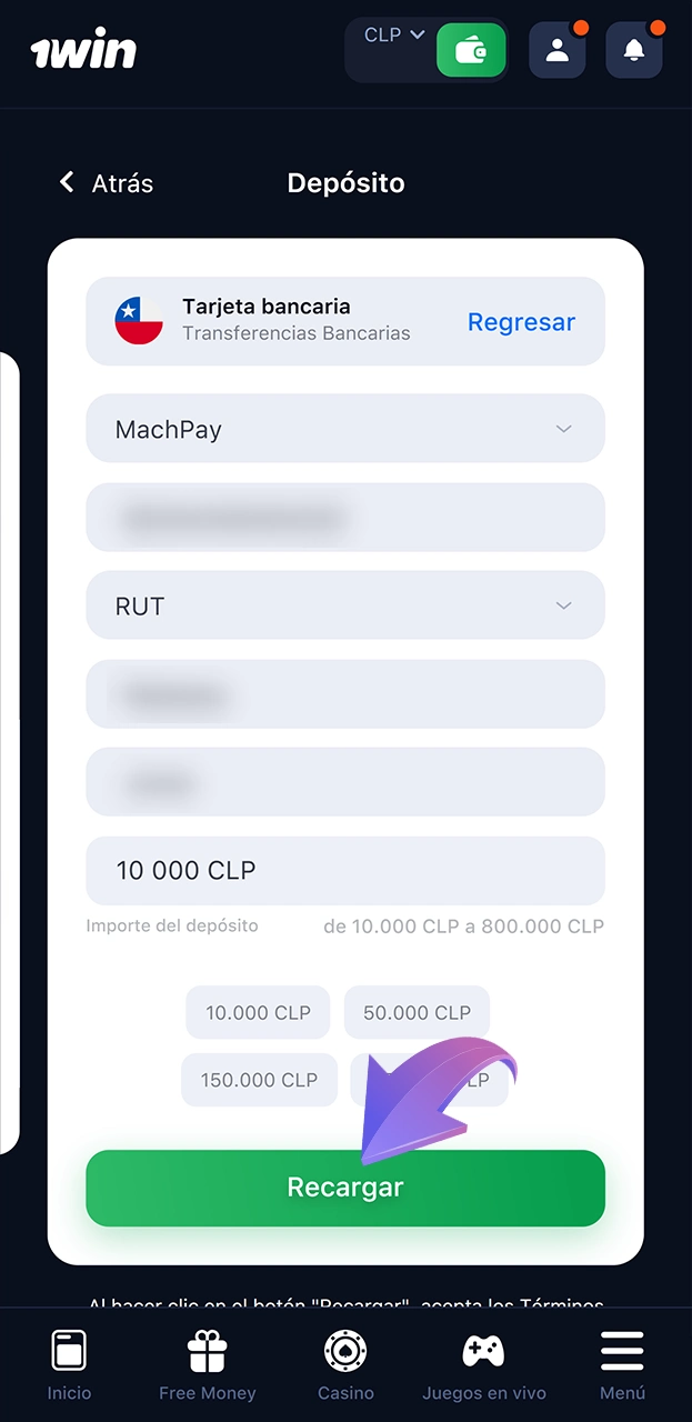 Recargue su saldo 1win a través de la sección de ingresos.
