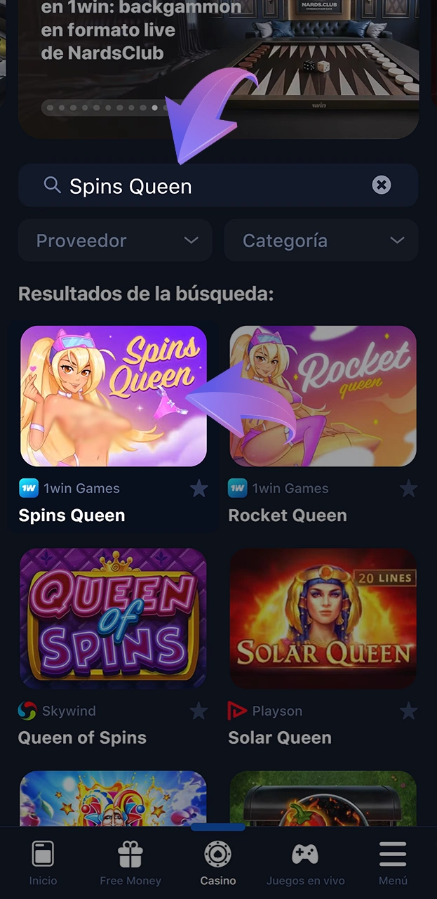 El juego Spins Queen te espera en la sección de casino de 1win casino.