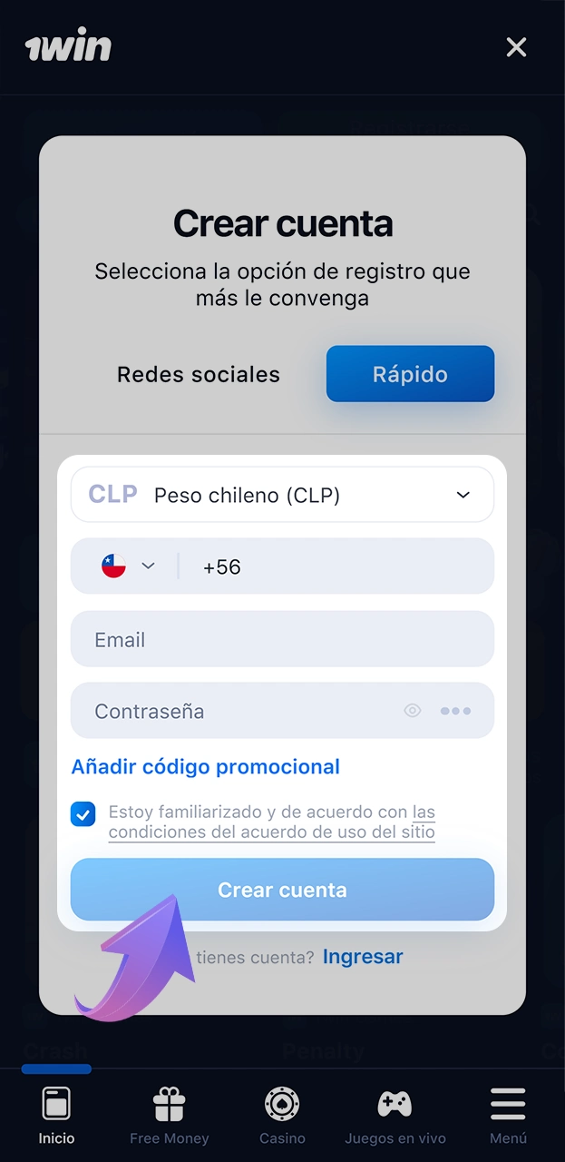 Cree una cuenta en la plataforma 1win.