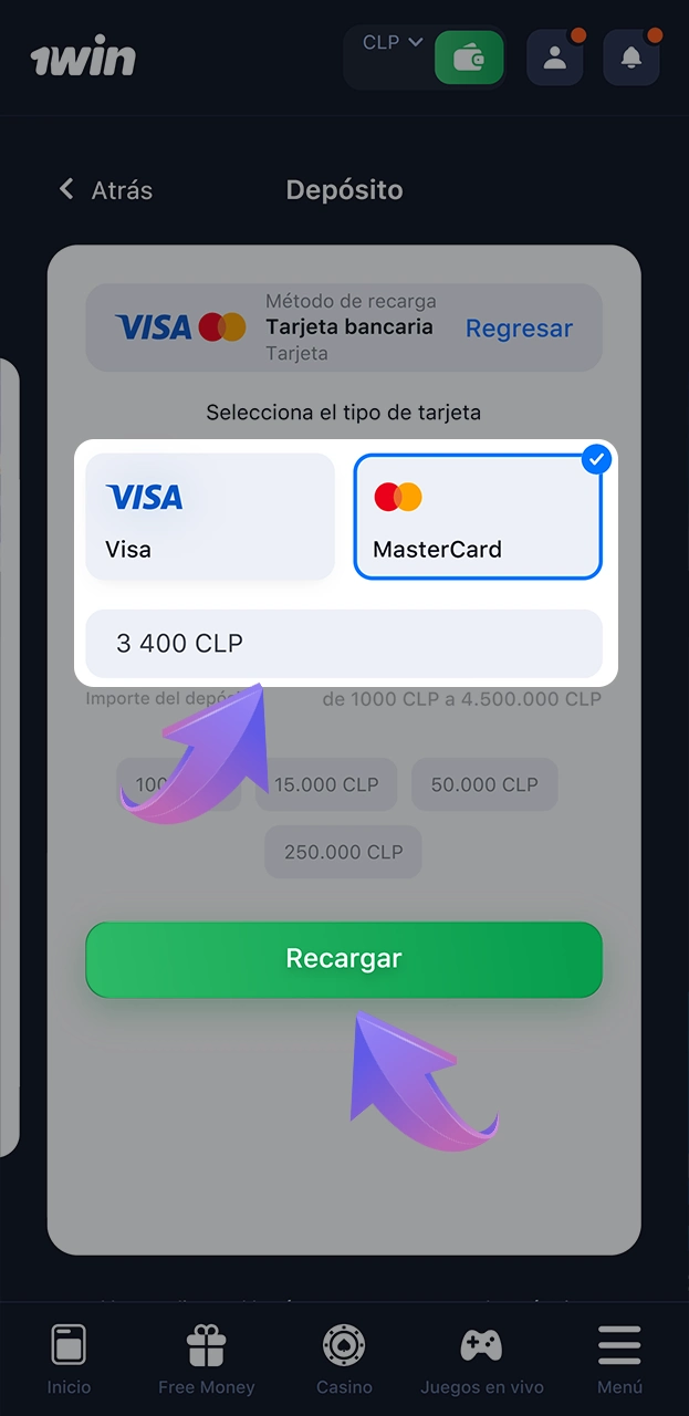Ingrese el importe requerido en su cuenta 1win.