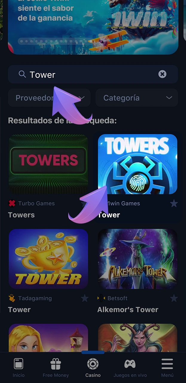 Busca el juego Tower en 1win.