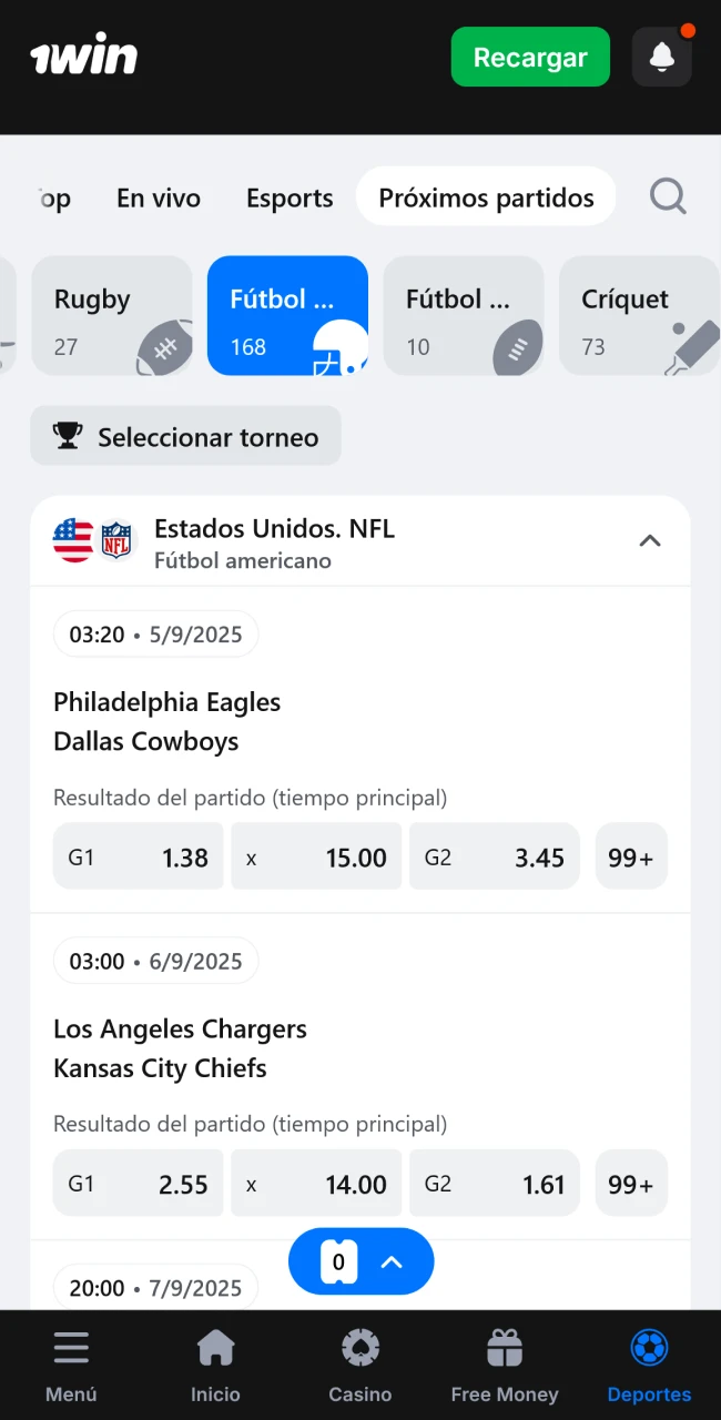 Dirígete a la sección de fútbol americano en el sitio web de 1win.