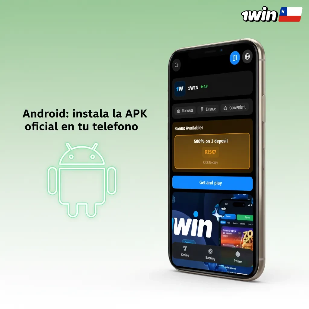 Teléfono Android mostrando guía para instalar la APK oficial: descarga, permisos, instala, inicia sesión y actualiza.