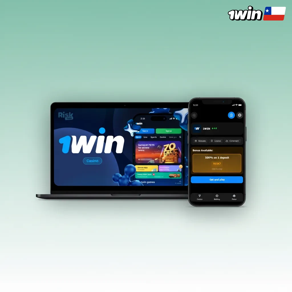 Interfaz de 1win para Chile con menú superior: Deportes, En Vivo, eSports, Casino, Promociones y Soporte; acceso en un clic.